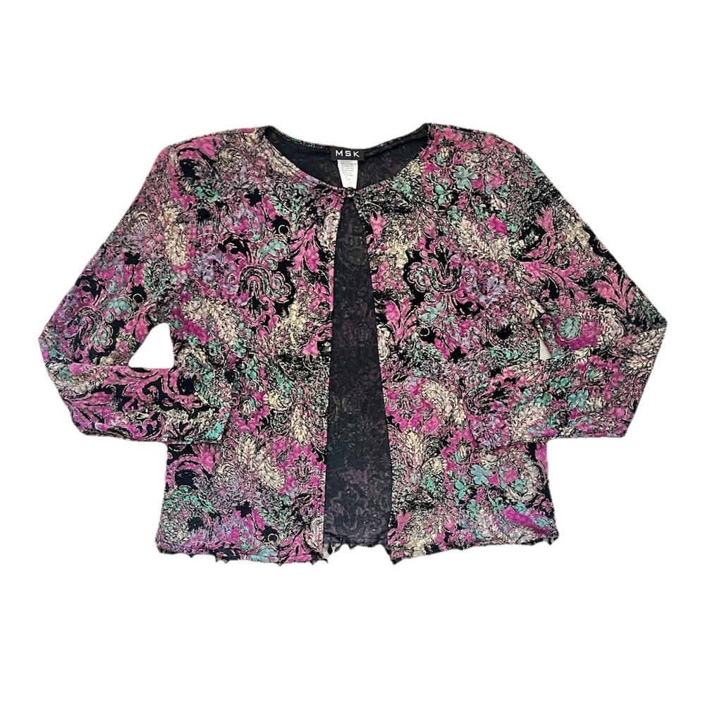 Women’s MSK Medium Black Button Floral Sweater Jewels Shoulder Pads Made in USA